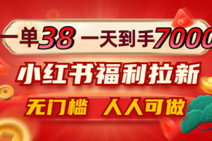一单38，一天到手7000+，小红书福利拉新，0门槛