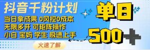 抖音视频千粉方案，日入500 ，包落地式，当日拿成效