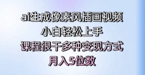 ai形成像素画风插画视频，新手快速上手，课程内容比较干多种多样变现模式，月入5个数