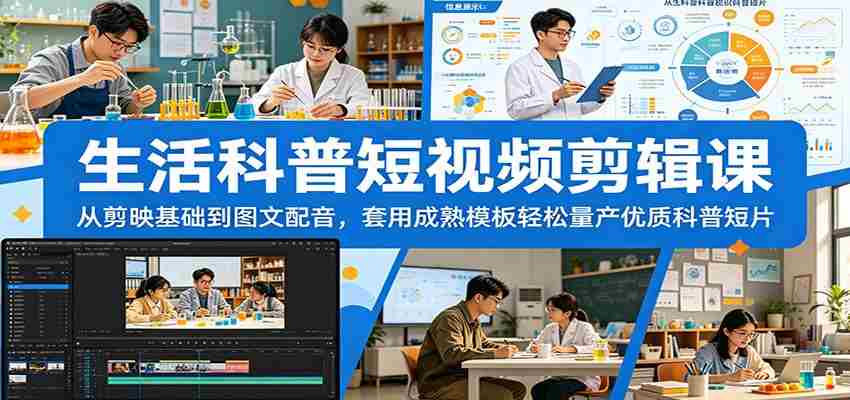 生活科普短视频剪辑课：从剪映基础到图文配音，套用成熟模板轻松量产优质科普短片