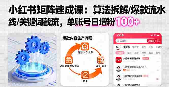 小红书矩阵起号速成课：算法拆解/爆款流水线/关键词截流 单账号日增粉100+