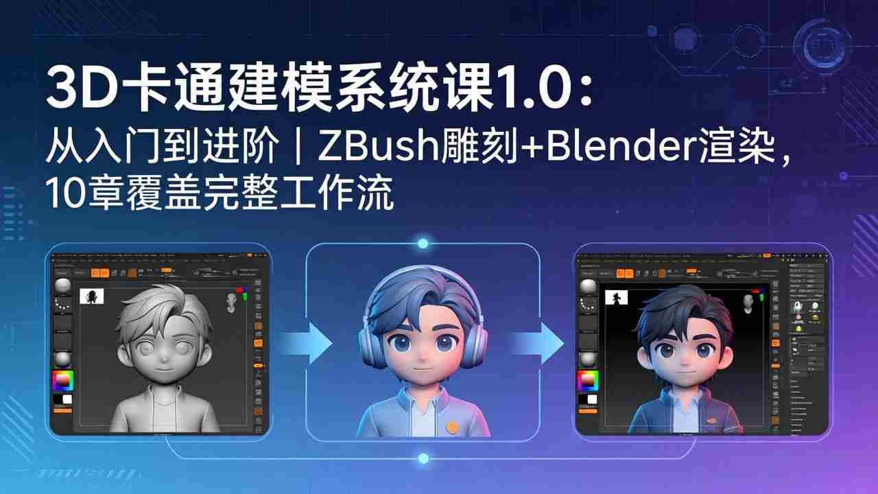 3D卡通建模系统课1.0：从入门到进阶｜ZBrush雕刻+Blender渲染，10章覆盖完整工作流