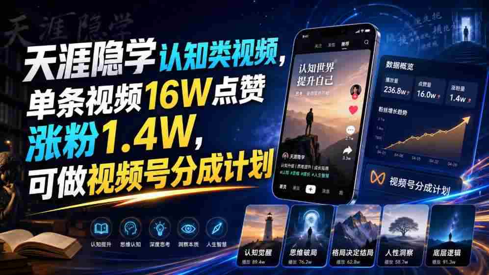 天涯隐学认知类视频，单条视频16W点赞涨粉1.4W，可做视频号分成计划