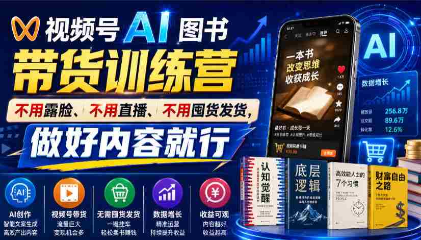 视频号AI图书带货训练营，不用露脸、不用直播、不用囤货发货，做好内容就行，一条爆款视频佣金8942