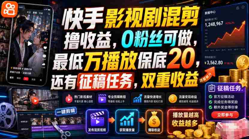 快手影视剧混剪撸收益，0粉丝可做，最低万播放保底20，还有征稿任务，双重收益