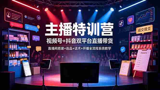 主播特训营：视频号+抖音双平台直播带货，直播间搭建+选品+话术+开播全流程系统教学
