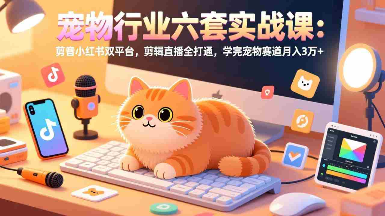 宠物行业六套实战课：抖音小红书双平台，剪辑直播全打通，学完宠物赛道月入3万+
