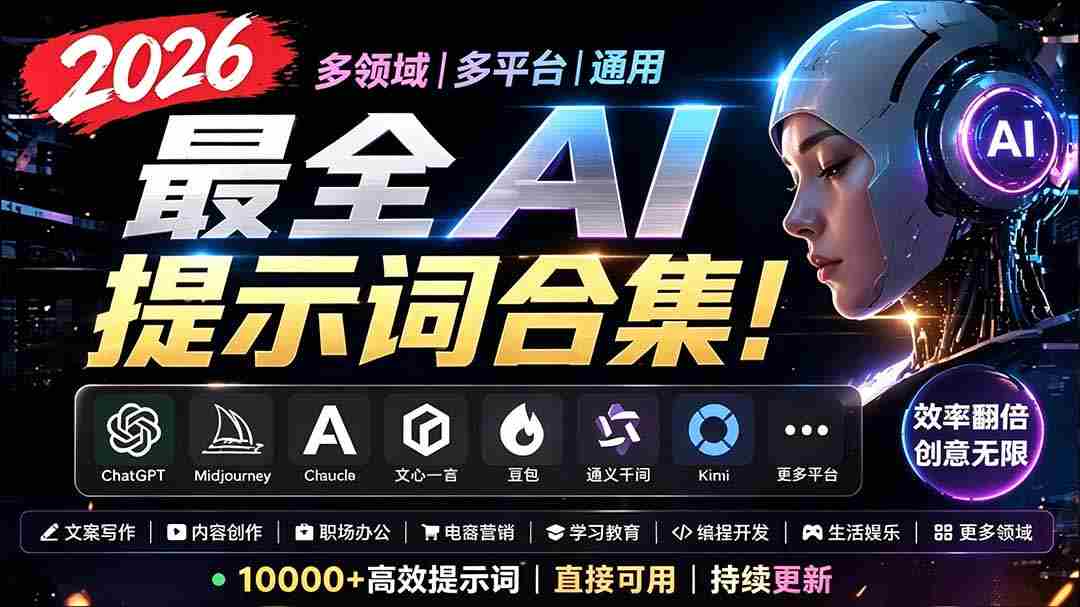 2026最全AI提示词合集！多领域多平台通用，涵盖AI绘画、电商主图、爆款文案，脚本创作等