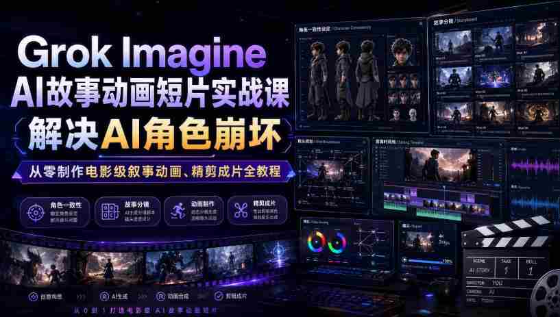 Grok Imagine AI故事动画短片实战课｜解决AI角色崩坏，从零制作电影级叙事动画、精剪成片全教程（中英字幕）