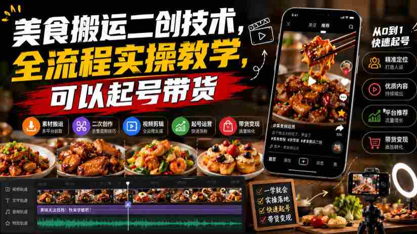 美食搬运二创技术，全流程实操教学，可以起号带货