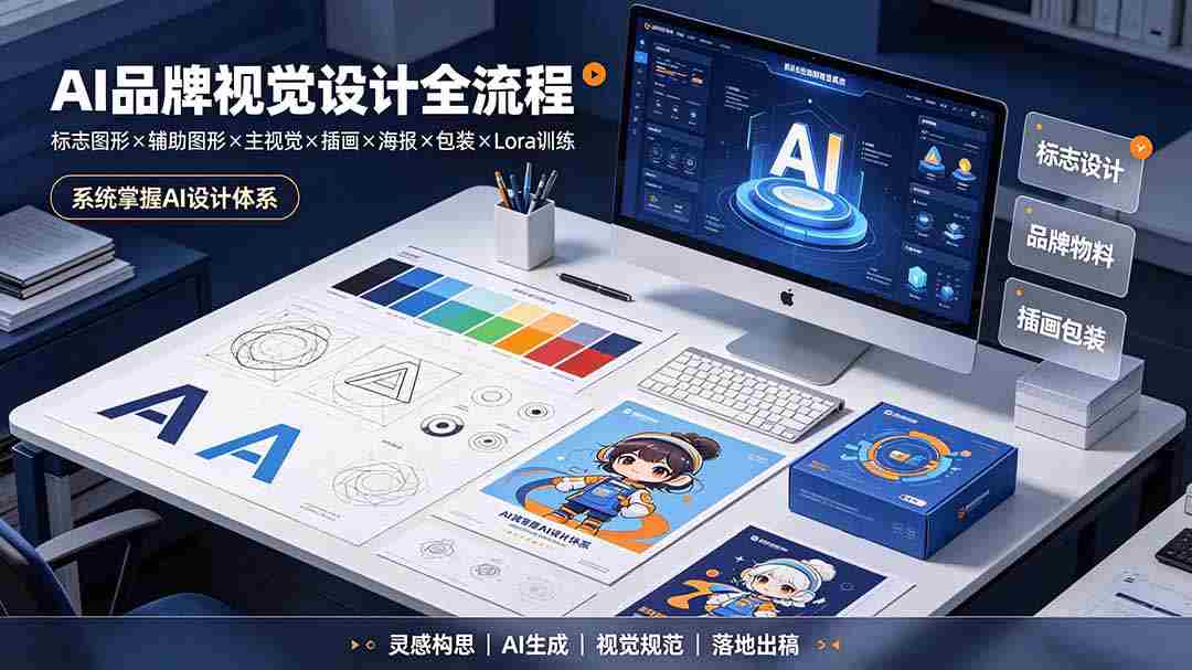 AI品牌视觉设计全流程：标志图形×辅助图形×主视觉×插画×海报×包装×Lora训练，系统掌握AI设计体系