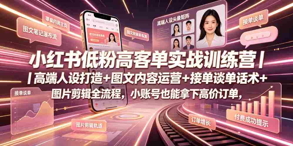 小红书低粉高客单实战训练营｜高端人设打造+图文内容运营+接单谈单话术+图片剪辑全流程，小账号也能拿下高价订单