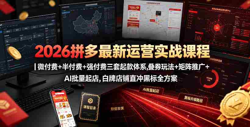 2026拼多多最新运营实战课程｜微付费+半付费+强付费三套起款体系，叠券玩法+矩阵推广+AI批量起店，白牌店铺直冲黑标全方案
