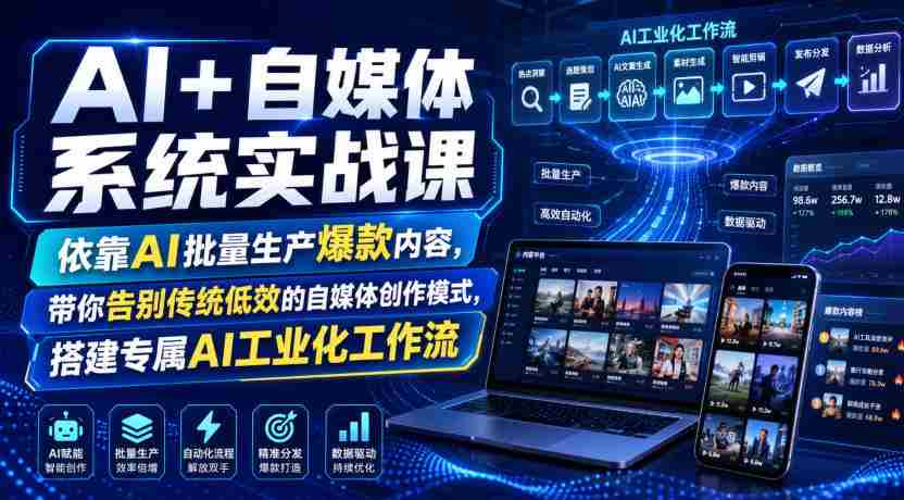AI+自媒体系统实战课，依靠AI批量生产爆款内容，带你告别传统低效的自媒体创作模式，搭建专属AI工业化工作流