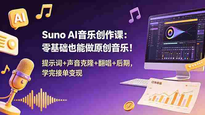 Suno AI音乐创作课：零基础也能做原创音乐！提示词+声音克隆+翻唱+后期，学完接单变现