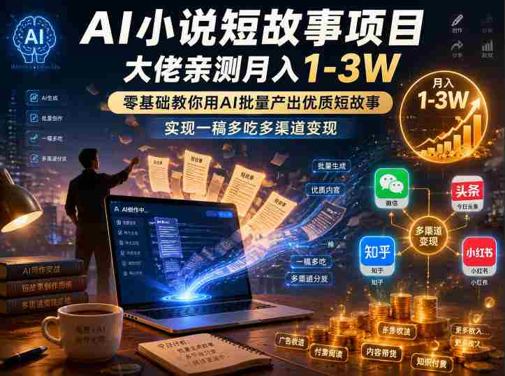 AI小说短故事项目，大佬亲测月入1-3W，零基础教你用AI批量产出优质短故事，实现一稿多吃多渠道变现