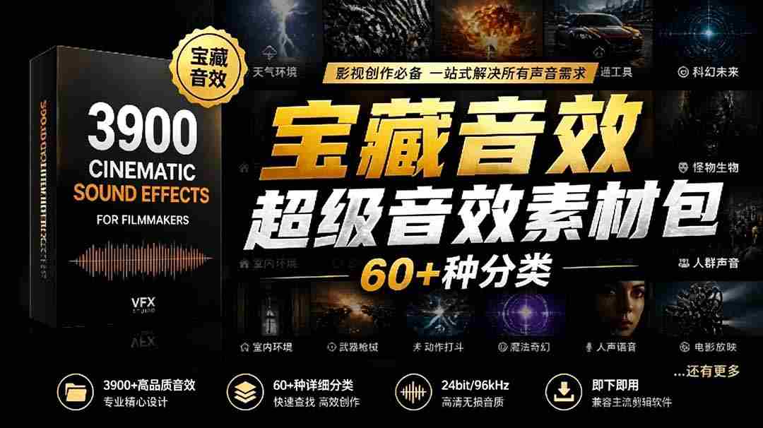 宝藏音效合集包！60+多种音效分类，共计3900个，分类清晰，全中文分类，高品质剪辑音效素材包
