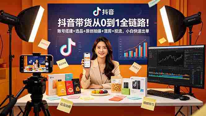 抖音带货从0到1全链路！账号搭建+选品+原创拍摄+混剪+投流，小白快速出单