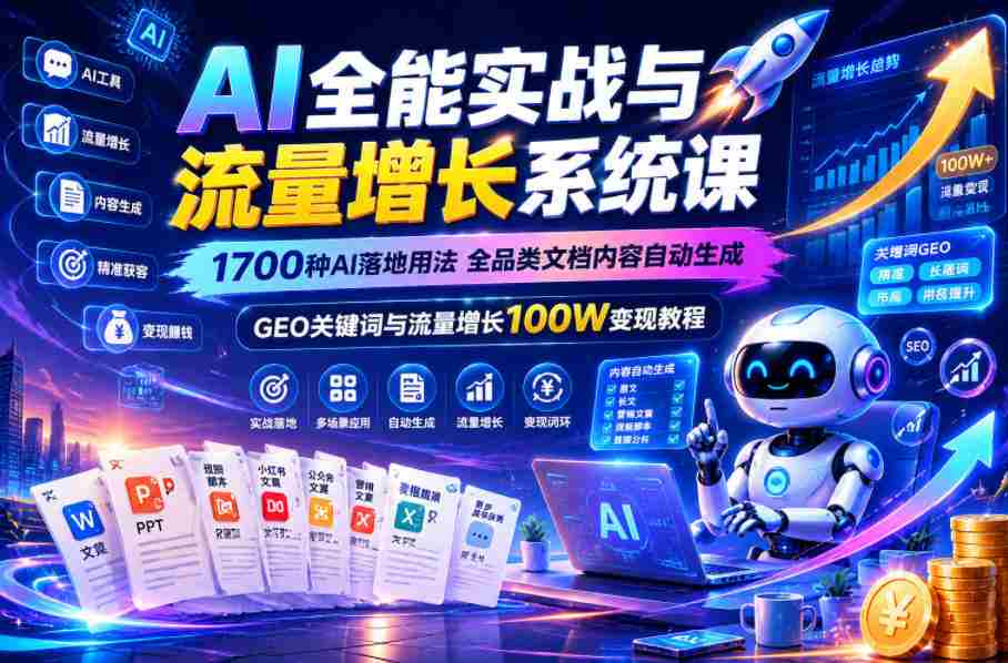 AI全能实战与流量增长系统课，1700种AI落地用法，全品类文档内容自动生成，GEO关键词与流量增长100W变现教程