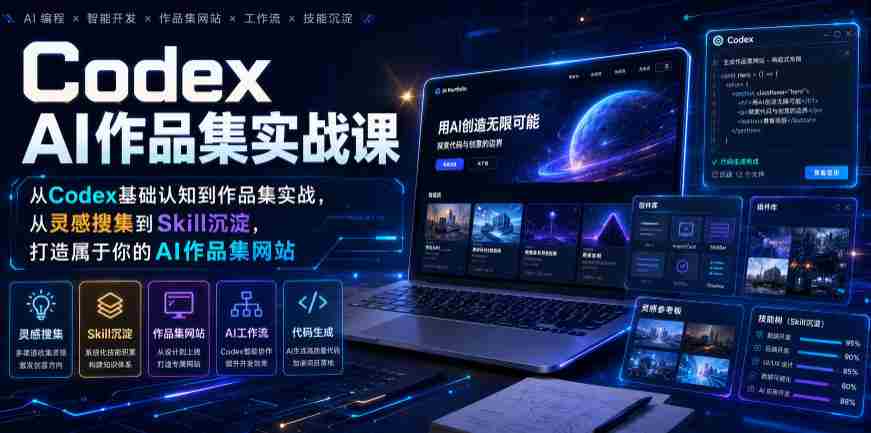 Codex AI作品集实战课，从Codex基础认知到作品集实战，从灵感搜集到Skill沉淀，打造属于你的AI作品集网站