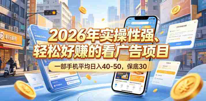2026年实操性强、轻松好賺的看广告项目，一部手机平均日入40-50，保底30米