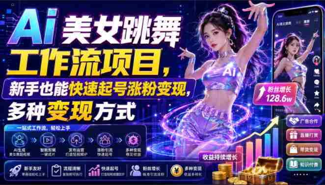 Ai美女跳舞工作流项目，新手也能快速起号涨粉变现，多种变现方式