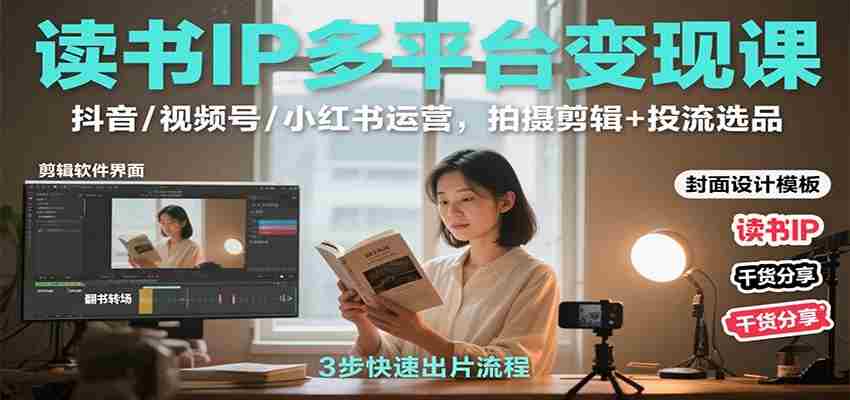 读书IP多平台变现课：抖音/视频号/小红书运营，拍摄剪辑+投流选品