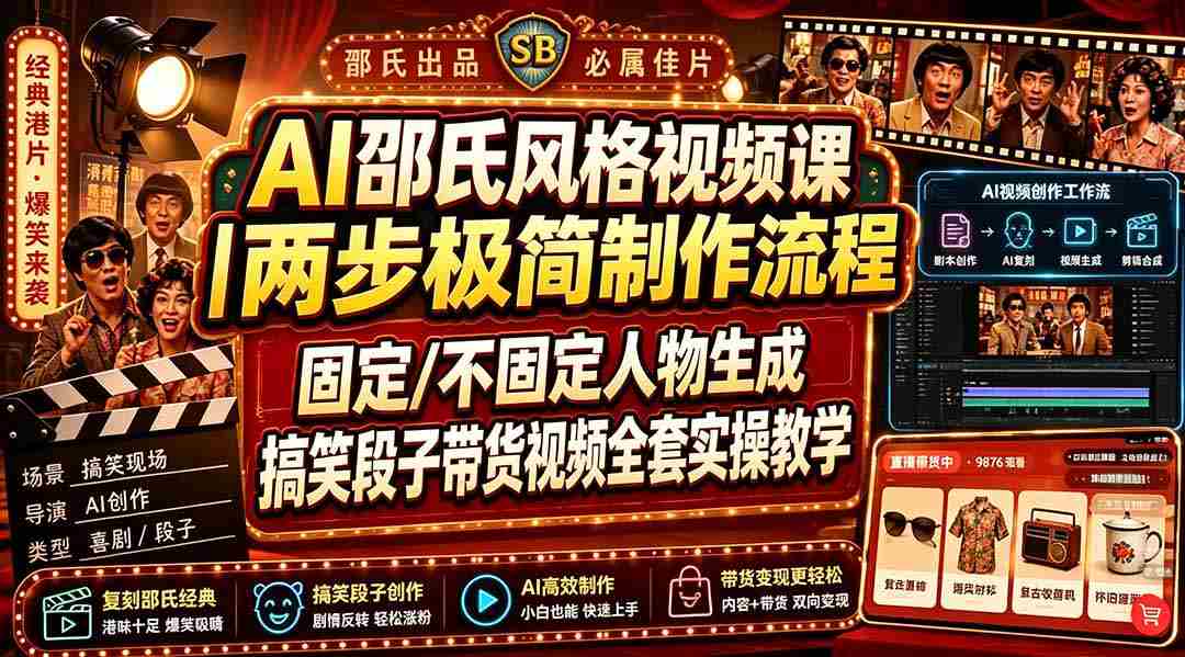 AI邵氏风格视频课｜两步极简制作流程，固定/不固定人物生成，搞笑段子带货视频全套实操教学