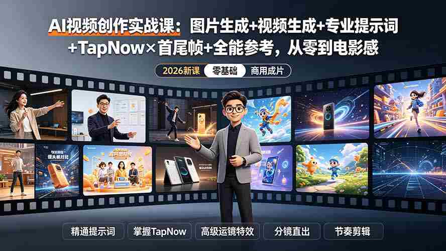 AI视频创作实战课：图片生成+视频生成+专业提示词+TapNow×首尾帧+全能参考，从零到电影感成片