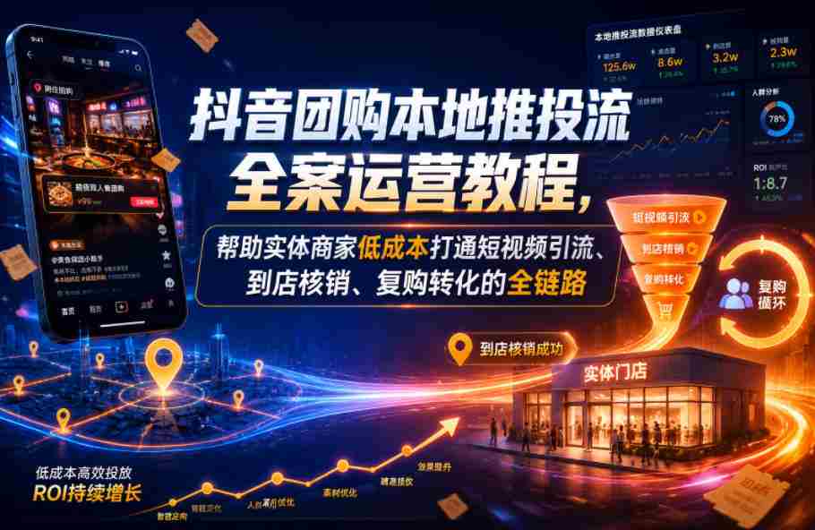 抖音团购本地推投流全案运营教程，帮助实体商家低成本打通短视频引流、到店核销、复购转化的全链路