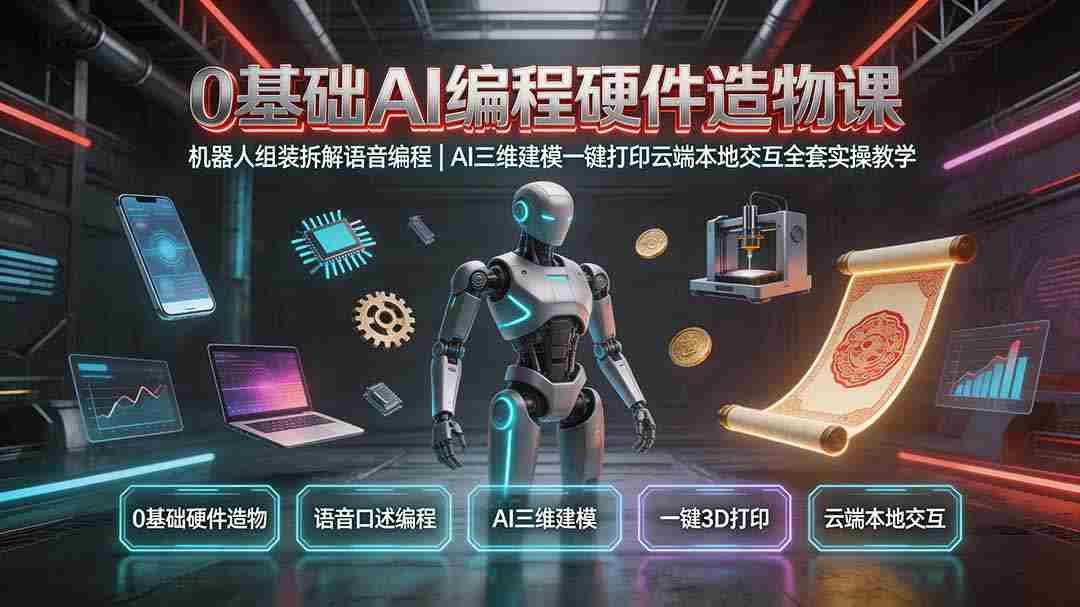 0基础AI编程硬件造物课｜机器人组装拆解语音编程，AI三维建模一键打印云端本地交互全套实操教学