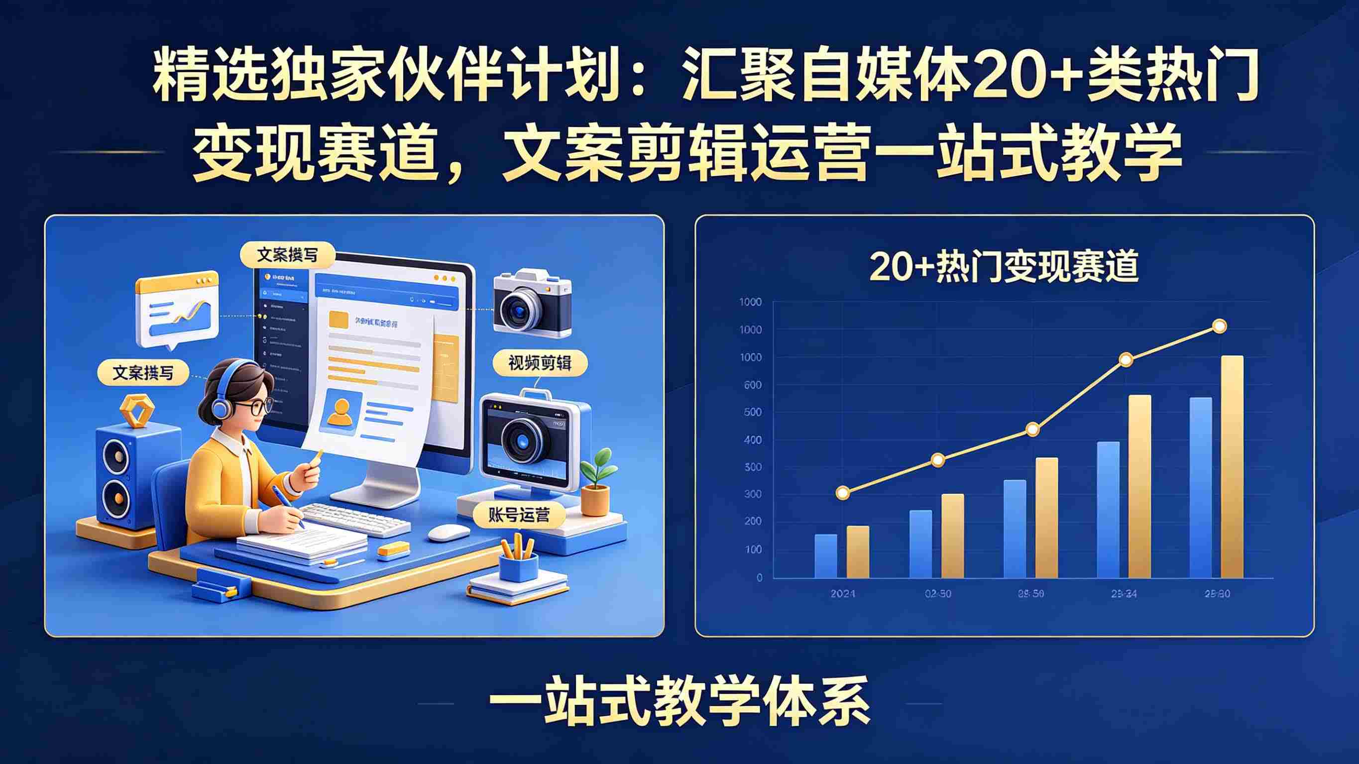 精选独家伙伴计划：汇聚自媒体20+类热门变现赛道，文案剪辑运营一站式教学