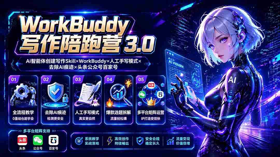 WorkBuddy写作陪跑营3.0-更新：Ai智能体创建写作Skill×WorkBuddy×人工手写模式×去除AI痕迹×头条公众号百家号