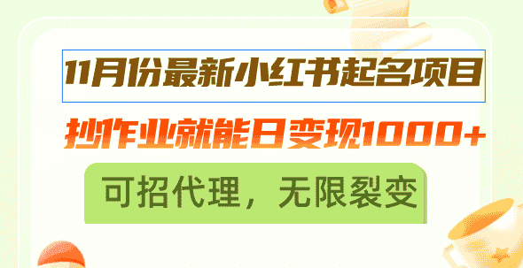 11月份最新小红书起名项目，抄作业就能日变现1000+，可招代理，无限裂变