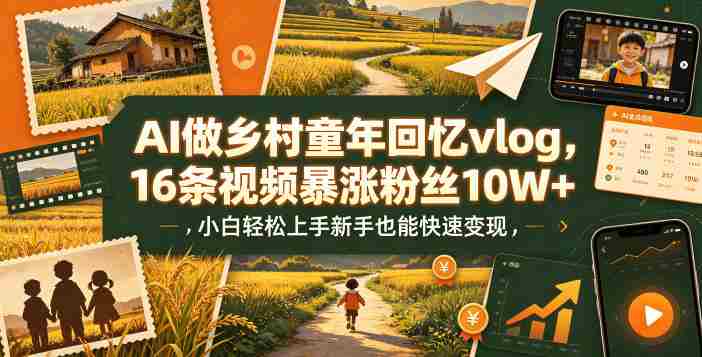 AI做乡村童年回忆vlog，16条视频暴涨粉丝10W+，小白轻松上手新手也能快速变现