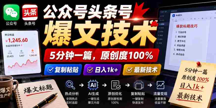 公众号头条号爆文技术，5分钟一篇，原创度100%，复制粘贴，日入1k+，最新技术