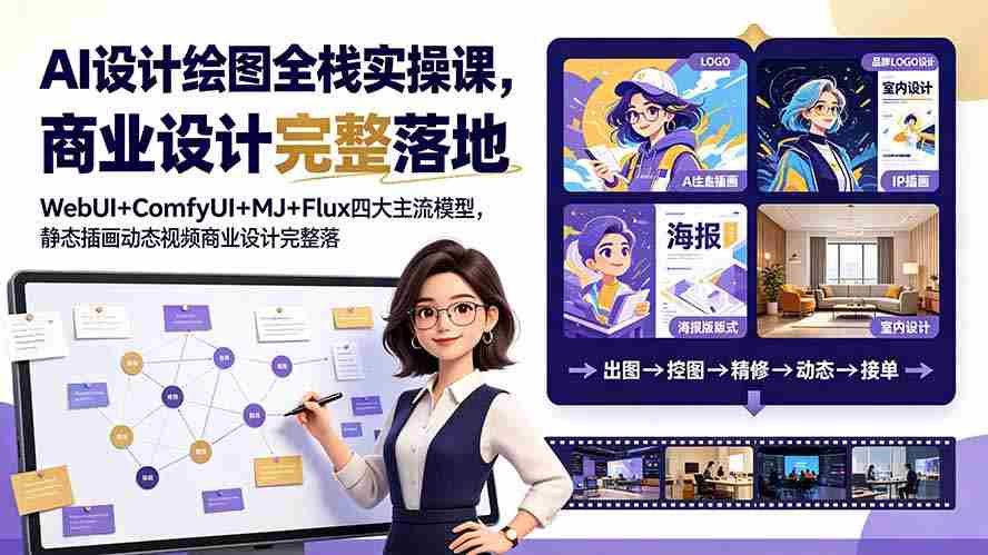 AI设计绘图全栈实操课，WebUI+ComfyUI+MJ+Flux四大主流模型，静态插画动态视频商业设计完整落地教程