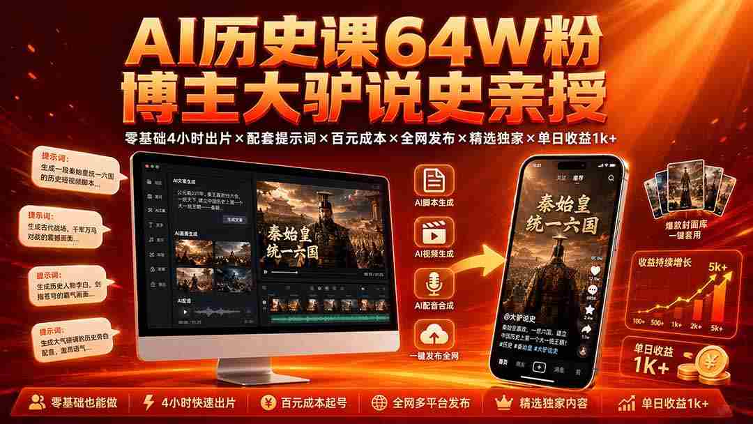 AI历史课64W粉博主大驴说史亲授：零基础4小时出片×配套提示词×百元成本×全网发布×精选独家×单日收益1k+