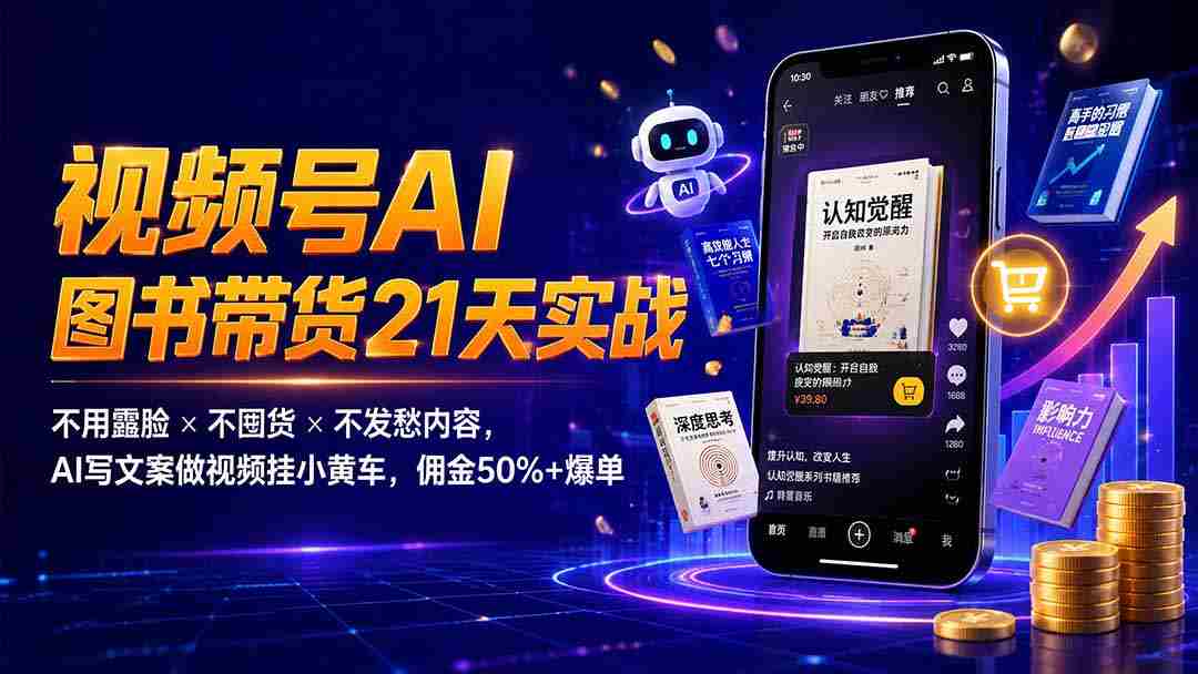 繁花视频号AI图书带货21天实战：不用露脸×不囤货×不发愁内容，AI写文案做视频挂小黄车，佣金50%+爆单