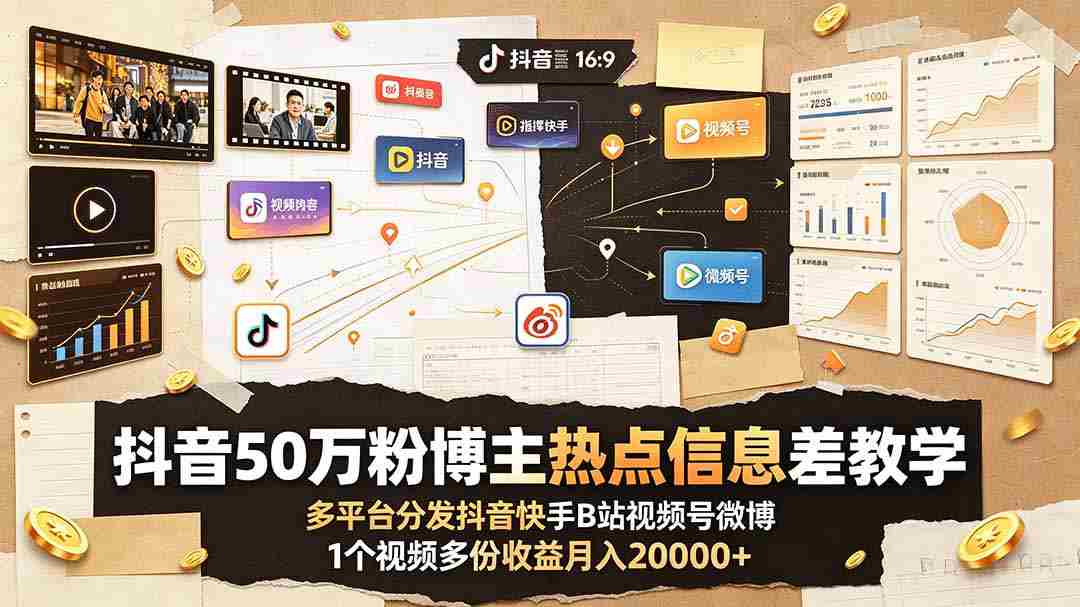 抖音50万粉博主热点信息差教学：多平台分发抖音快手B站视频号微博，1个视频多份收益月入20000+