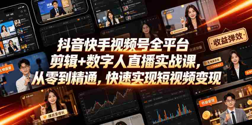抖音快手视频号全平台剪辑+数字人直播实战课，从零到精通，快速实现短视频变现(更新2026年6月)​