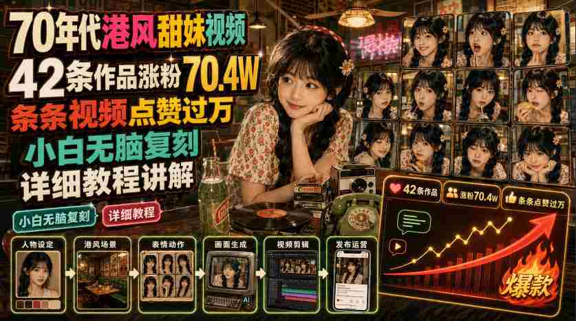 70年代港风甜妹视频，42条作品涨粉70.4W，条条视频点赞过万，小白无脑复刻，详细教程讲解