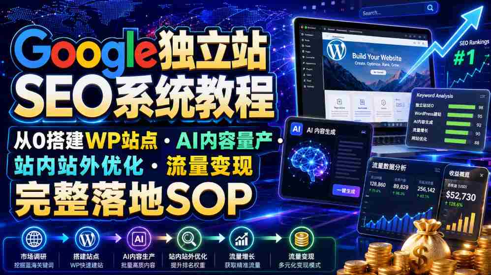 Google独立站SEO系统教程，从0搭建WP站点・AI内容量产・站内站外优化・流量变现完整落地SOP（2026年7月）
