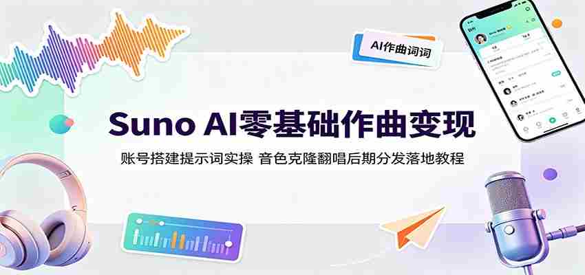 Suno AI零基础作曲变现：账号搭建提示词实操，音色克隆翻唱后期分发落地教程