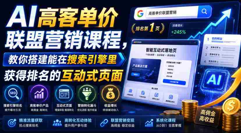 AI高客单价联盟营销课程，教你搭建能在搜索引擎里获得排名的互动式页面，引来流量，把访客转化为高佣金的成交【原创双语字幕】