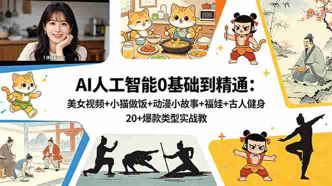 AI人工智能0基础到精通：美女视频+小猫做饭+动漫小故事+福娃+古人健身，20+爆款类型实战教学