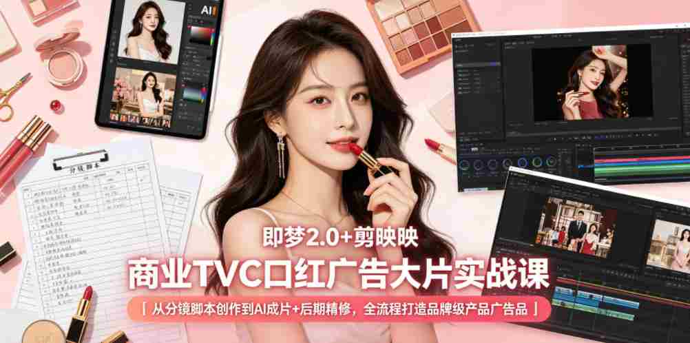 即梦2.0+剪映商业TVC口红广告大片实战课｜从分镜脚本创作到AI成片+后期精修，全流程打造品牌级产品广告
