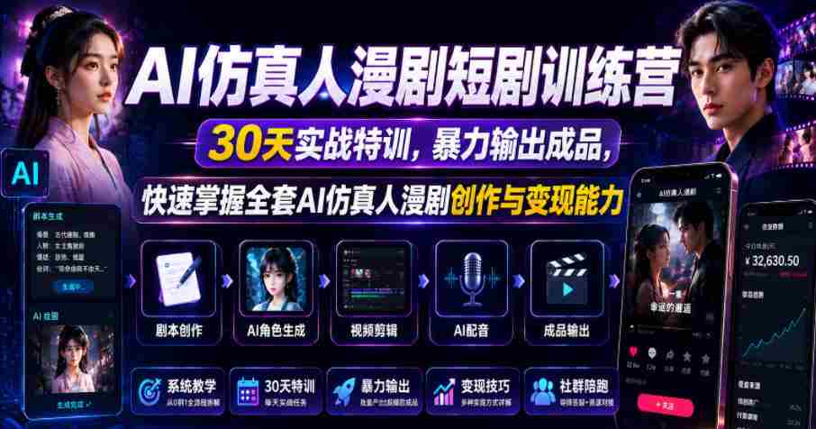 AI仿真人漫剧短剧训练营，30天实战特训，暴力输出成品，快速掌握全套AI仿真人漫剧创作与变现能力