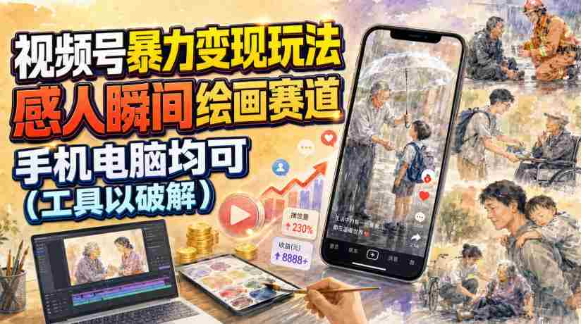 视频号暴力变现玩法，感人瞬间绘画赛道，手机电脑均可