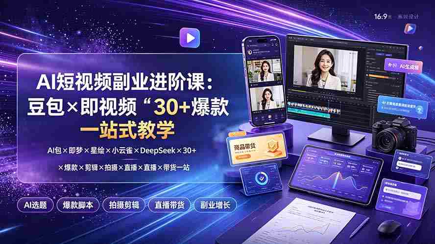 AI短视频副业进阶课：豆包×即梦×星绘×小云雀×DeepSeek×30+爆款×剪辑×拍摄×直播×带货一站式教学